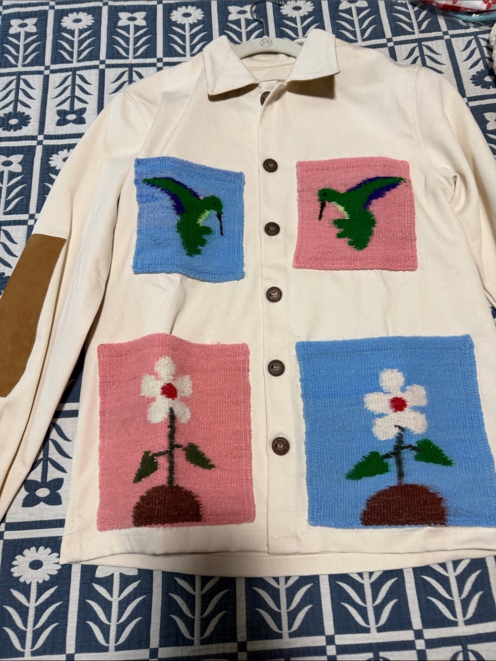 Fields: Women’s Cream Button-Up Jacket with Floral & Hummingbird Intarsia